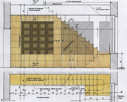 Detailzeichnung Treppe der Maisonette-Wohnung als Schrankwand mit Schiebepaneel (halb geöffnet) Haus Schrobsdorff, Berlin-Charlottenburg, Schustehrusstr.